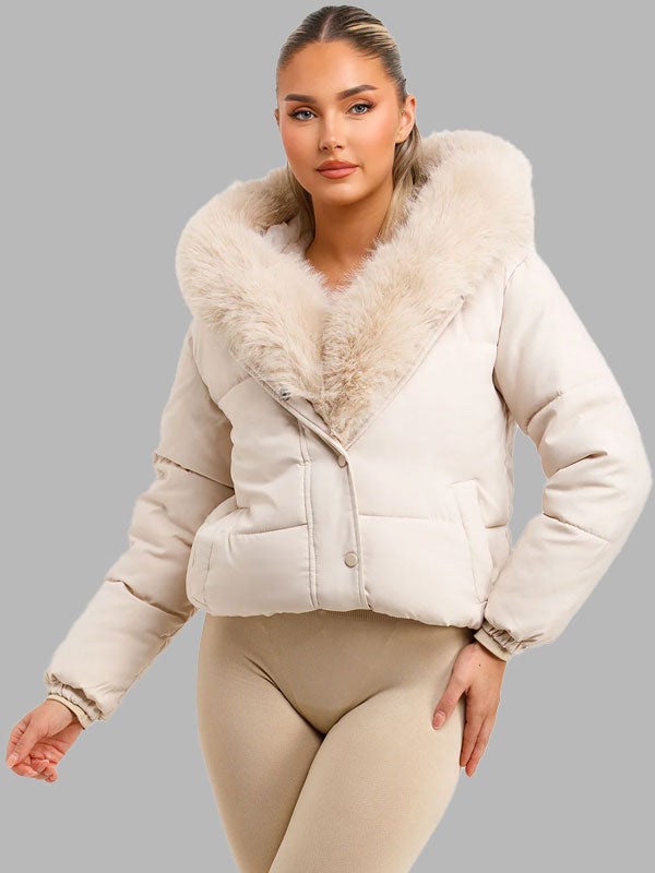 Kylie Bomber Jacket With Fur Hood And Trim Beige