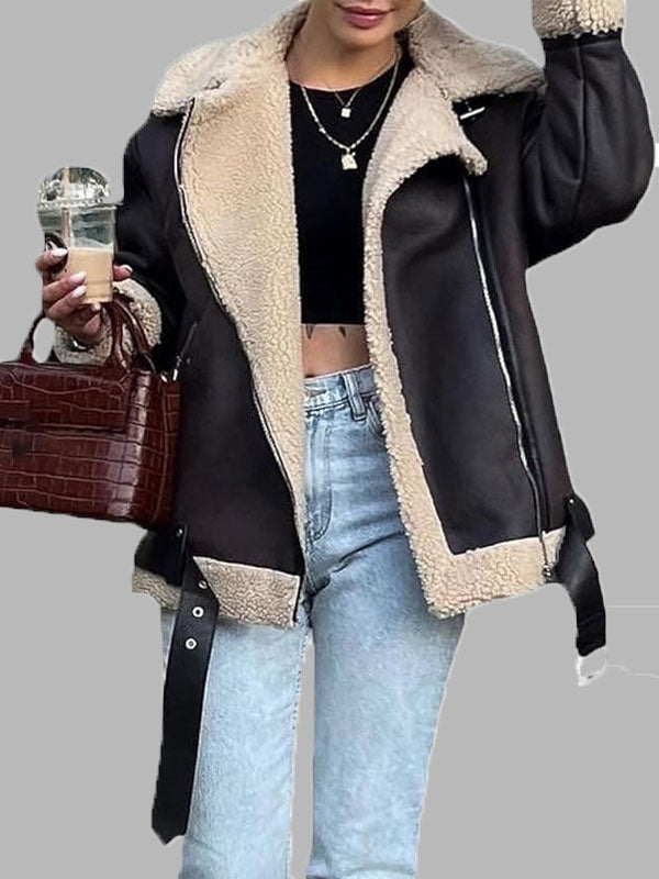 Naomi Faux Lamb Fur Leather Dark Brown Bomber Jacket