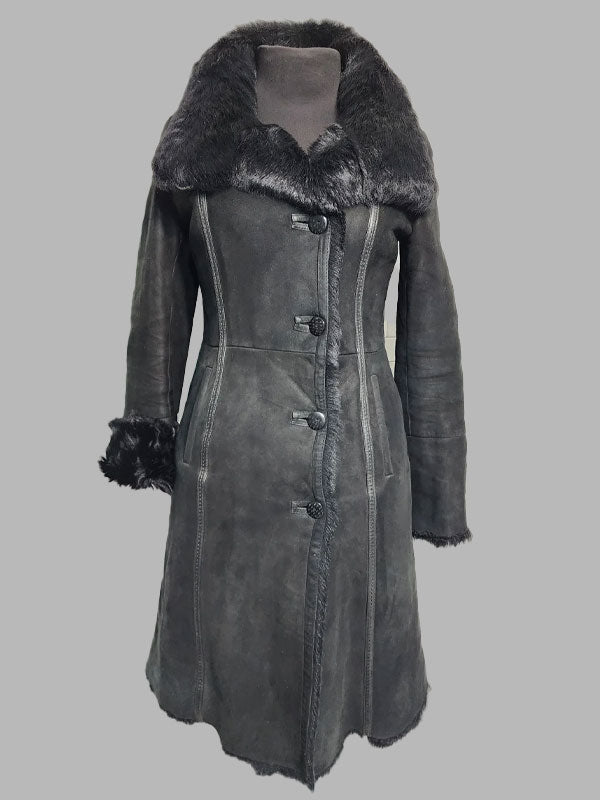 Phyllis Black Sheepskin Genuine Fur Coat Button Front