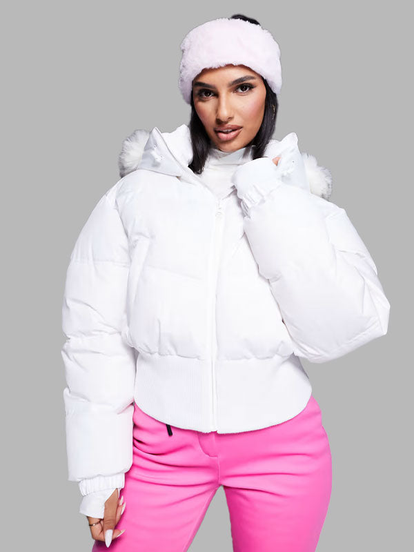 Sandra White bomber jacket with faux fur hood
