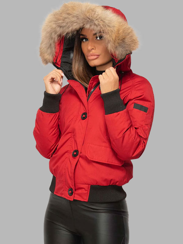 Sharon Red Bomber Jacket With Natural Fur Hood