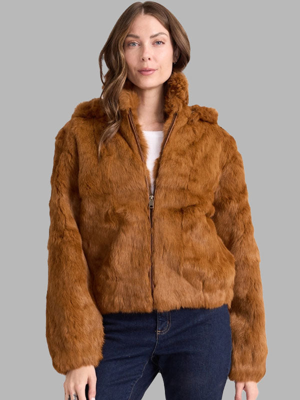 Whiskey Rabbit Fur Bomber Jacket Brown with Hood