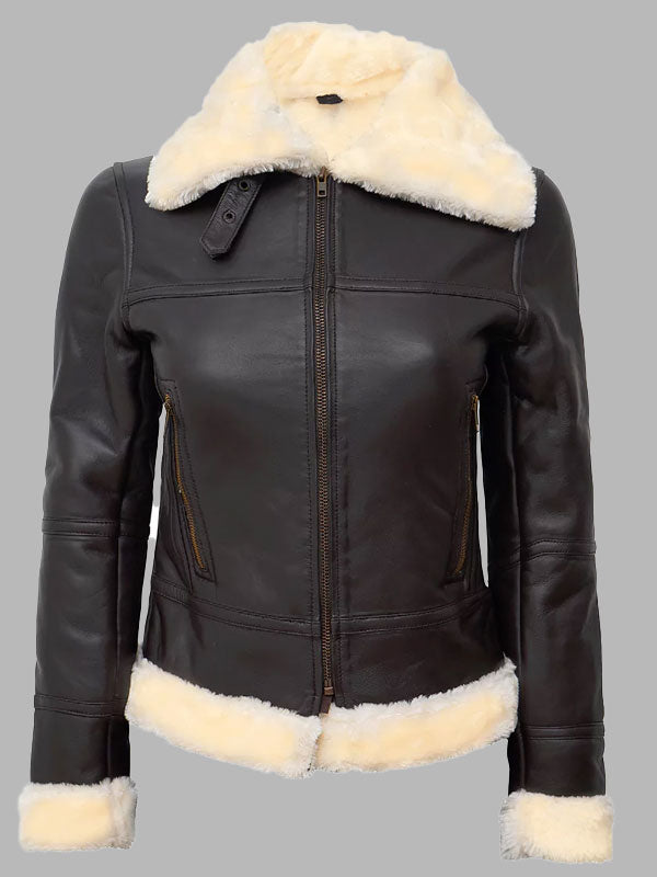 Wilma Dark Brown Leather Bomber Jacket with Beige Shearling Fur