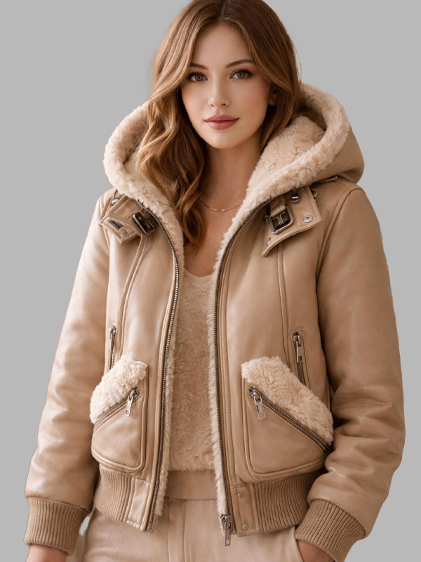 Women Beige Real Leather Hooded Bomber Jacket with Faux Fur